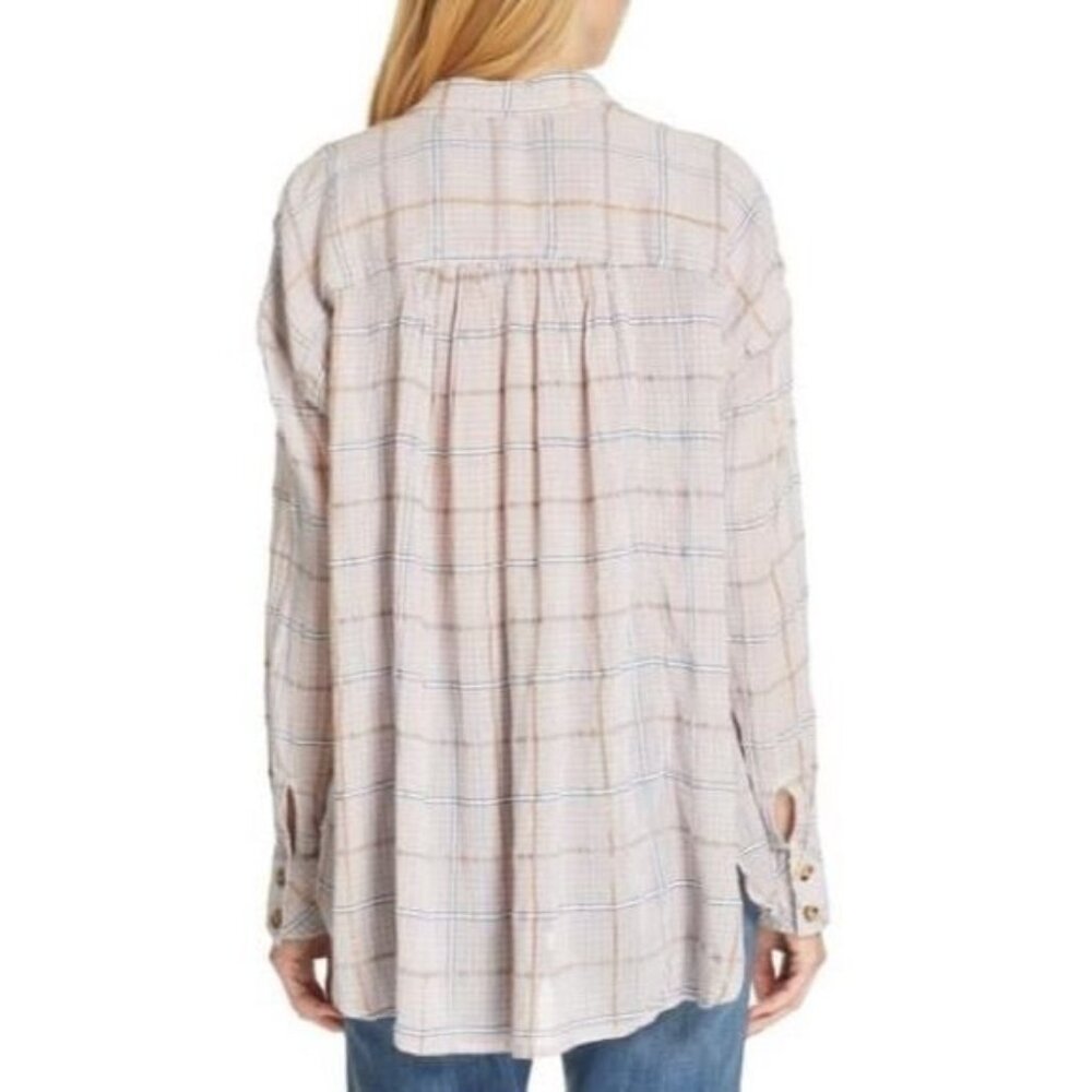 Free People Break My Stripe Pink Oversized Plaid Button Down Top - Picture 5 of 6